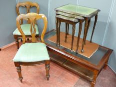 A pair of Victorian mahogany chairs, a glass top coffee table and similar items