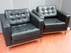 Two Ikea ultra modern black leather effect and chrome box arm chairs