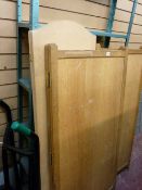 Three folding wooden screens, a metal sack truck and a multi shelf metal storage rack