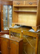 Reproduction yew wood display cabinet, glass top corner display, two drawer open bookcase cabinet