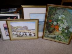 A framed Pears print and other pictures and prints along with two vintage wall mirrors