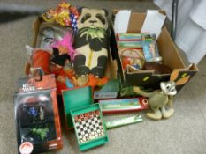 Two boxes containing pocket chess sets, vintage 'Gonk' dolls, a Corgi 'Red Dwarf' box set and