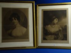 Two framed Victorian portrait prints of classical young ladies bearing indistinct pencil