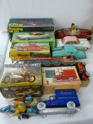 Collection of mainly boxed tinplate, clockwork, battery operated and friction action vehicles