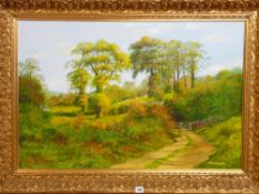 J WILSON HEPBURN oil on canvas - wooden gate and track with farmland to background, signed, 59 x