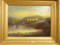 ELIZA WOODCOCK oil on canvas - Conwy Castle, Bridge, Harbour and boats from the Marine Walk side,