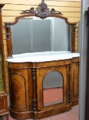 Victorian walnut mirror backed credenza with marble top, 148 cms x 218 cms