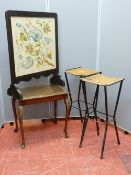 An oak framed and needlework firescreen and parcel of misc furniture