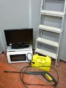 A parcel of household electrics including Karcher pressure washer, microwave oven and stepladder etc