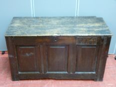 Late 18th Century three panel antique oak blanket chest, 1714 date carved to front, 117 cms x H67