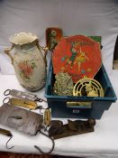 A parcel of mixed metalware including Salter's balances, advertising tins etc