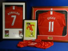 Manchester United memorabilia, four items including two framed Club shirts, signed by Ryan Giggs and