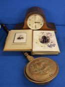 Vintage oak cased mantel clock, a Victorian photograph album and contents and a long handled warming