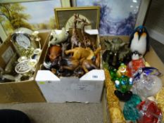 A Murano clown and other colourful glassware , EPNS including table pheasants, ornamental