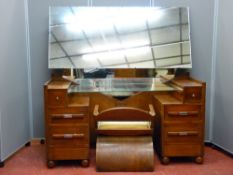 An Art Deco style oak mirrored dressing chest with stylish chair, 136 cms x 130cms wide