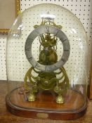 Antique six pillar brass skeleton clock, single fusee movement and silvered chapter ring set with