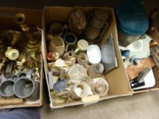 Three mixed boxes of collectables, ornamental crockery and brass candlesticks and other metalware