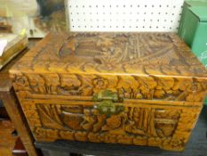Carved Oriental camphorwood jewellery box and a vintage copper one handled warming pan