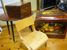 Fruit painted casket type storage box, a Victorian walnut lidded box and a kidney shaped table