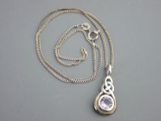 925 silver Celtic pendant with purple stone and fine link chain, 3 grms total
