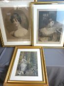 Three Victorian gilt framed prints of classical young ladies, one seated at a spinning wheel with