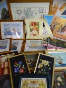 Parcel of paintings and prints including a framed map of the British Isles, vintage style Coca