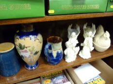 Royal Doulton stoneware baluster vase, a similarly styled jug, two composition angel candleholders