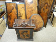Circa 1900 pipe smoker's cabinet with pokerwork detail, two Art Nouveau painted wooden panels, 72