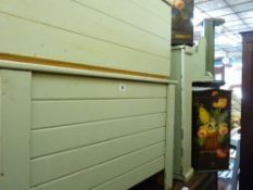 Two lidded blanket chests, a corner display and footstool, blue painted, along with a desktop