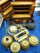 Three miniature dressers, two Liptons brass tea canisters and one other with a selection of
