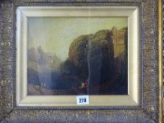 CONTINENTAL SCHOOL oil on board - figures resting before a lake amongst overgrown ruins, no