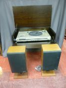Hitachi SDT-118 vintage Dolby stereo system in a Jacobean style oak cabinet with teak speakers, on