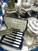 Four piece plated tea service, a decorative desk calendar and Sellotape holder set, a two handled