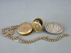 Circular bright cut gold front and back locket with a nine carat gold muff chain, chain weight 10.