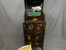 Full-o-tone winding gramophone within an Oriental black lacquered style standing cabinet with a twin