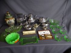 Collection of non-matching plated tea service, boxed plated cutlery, various items of green