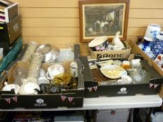 Four boxes of Victorian and later collectables, crockery and household goods, with a framed print of