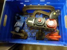 Cast iron bookstand, a bench vice, two large G-clamps etc