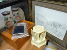 Vintage wooden jewellery box with key, a pair of painted milk glass vases, a retro musical cigarette