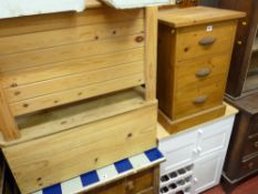 Three drawer reproduction pine chest, two lidded storage boxes and a white kitchen storage cabinet