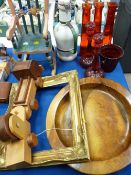 Child's pull-along toy, doll's rocking chair, selection of ruby coloured glassware and a treen