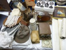 Vintage beekeeper's outfit, a fishing creel, a book, a pair of silver clothes brushes in leather