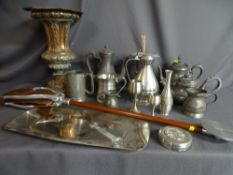 Parcel of pewter and other metalware to include a shooting stick etc