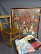 Vintage child's chair, framed tapestry and a bedspread