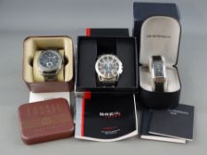 Three boxed designer gent's watches - Emporio Armani, Fossil & Breil