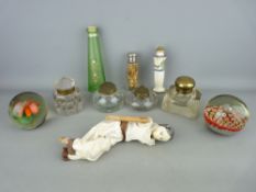 Four antique ink bottles, a millefiori paperweight and one other along with other collectables