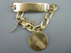 Believed nine carat gold ID link bracelet with small circular named pendant and dated 1960 and an