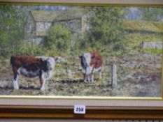 TONY WOODING oil on board - cattle before a farmstead, signed and dated '93, 26 x 47 cms