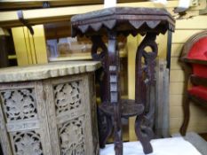 Two carved Eastern tables and two vintage artist's easel
