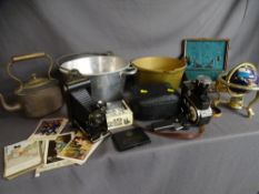 Parcel of vintage items to include two jam pans, brass kettle, home movie video camera, Kodak Box